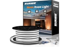 SURNIE 50ft/15m LED Neon Rope Lights - 110V Flex Strip Lights Outdoor Waterproof - 6000K Daylight White Flexible DIY Cuttable Connectable Light for Bar, Gaming Room, Commercial Building Use
