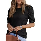 Dokotoo Women's Short Puff Sleeve Knit Tops 2025 Round Neck Hollow Out Tops Cozy Sweaters for Women
