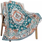 Teal Green Orange Boho Floral Throw Blanket Fleece Blanket for Couch, Abstract Ethnic Style Soft Microfiber Fuzzy Cozy Lightweight Blankets for Home Bed Sofa All Season 40 x 50 Inch