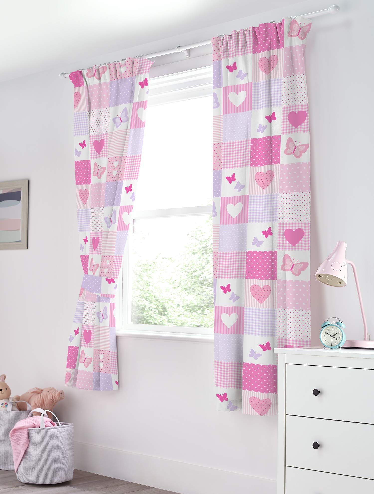 Bloomsbury Mill - Kids Curtains for Girls Bedroom - Pink Hearts and Butterflies Patchwork - Lined Curtain Pair with Tiebacks - Nursery Curtains for Childrens Baby Room - 66X72 inch drop (168x183cm)