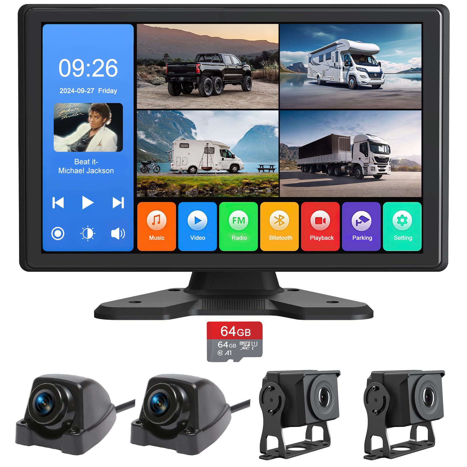 Photo 1 of 4 Channel Backup Camera System,Touchable 10.26 inch Monitor with DVR Stereo, 64GB Card, IP69 Waterproof, Nightvision 1080P Backup Camera for RV/Truck/Trailer Pickup,Rear Side Front Wired System