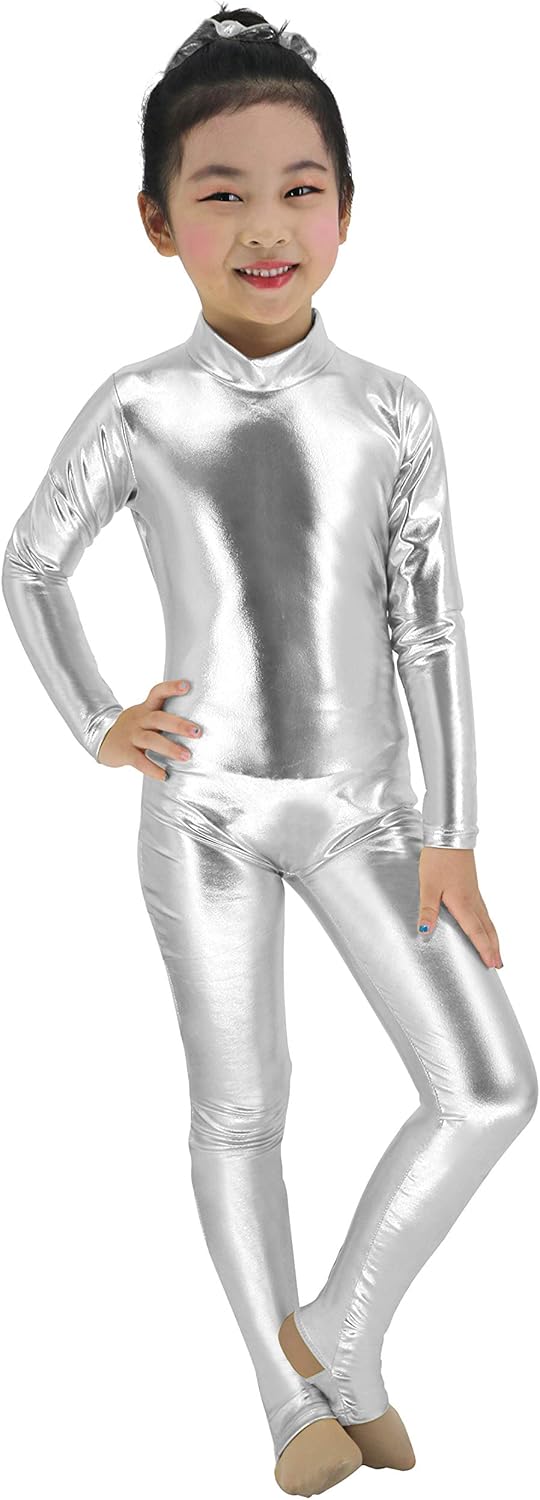 Kids Girls Shiny Metallic Unitard Costume Turtleneck Long Sleeve One