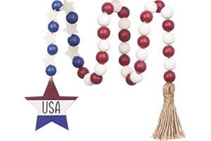 MEPLAIT Wood Bead Garland with Tassel, Memorial Day Tiered Tray Decor Boho Tassel Garland Decorative Beads for Independence Day Decor