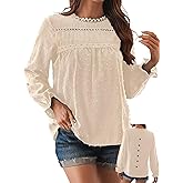 Falechay Womens Boho Tops Long Sleeve Shirts For Women Cute Crewneck Blouse Dressy Casual Swiss Dot Crochet Hollow Top 2026