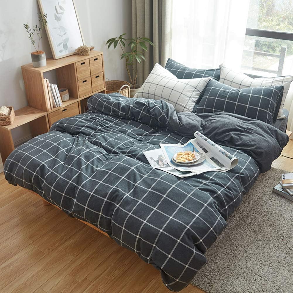 DONEUS Black Duvet Cover Set, Jersey Knit Cotton Duvet Cover Twin Size 3 Piece Plaid Pattern Bedding Sets (1 Duvet Cover + 2 Pillow Shams), Super Soft and Easy Care for Kids, Teens, Boys and Girls