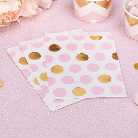 Papiertütchen Punkte rosa gold 16,5 x 13 cm 25 Stück - Geschenktütchen Hochzeit Candy Bags Kindergeburtstag Mitgebsel Kinderp