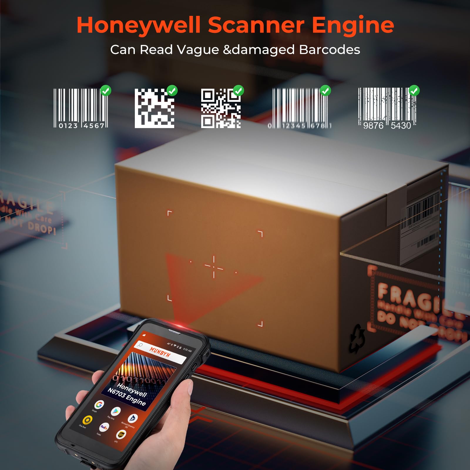 MUNBYN Android Barcode Scanner, Equip with Honeywell N6703 Scanner Engine, Android 11, 5.5
