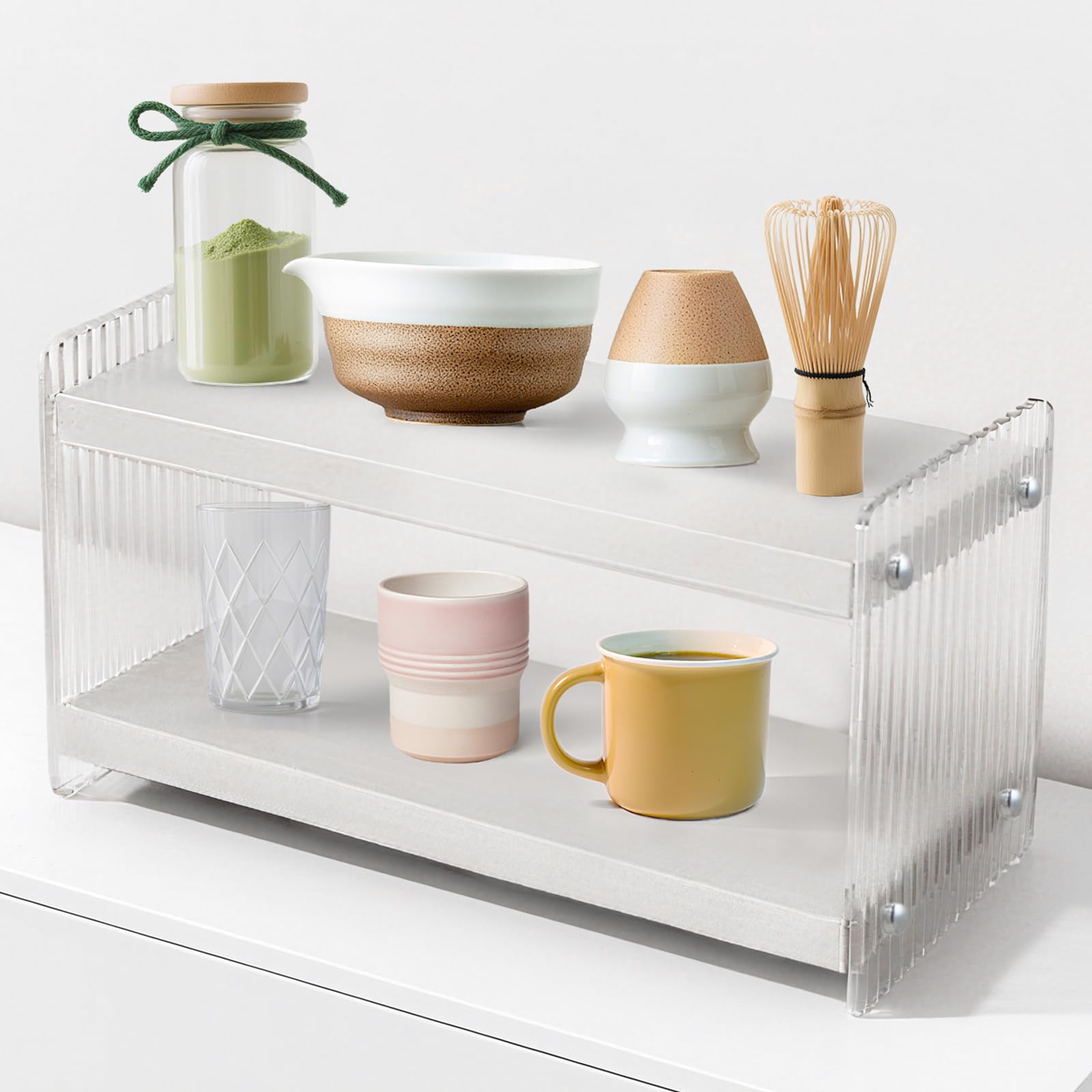 Photo 1 of GIFY Matcha Set Station - 2 Tier Acrylic Wood Countertop Storage for Kitchen Countertops, Mugs, Tea Bags, Space Saving Coffee Bar Accessories Shelf, Matcha Whisk Holder