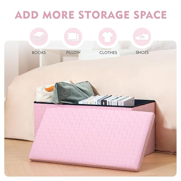 B FSOBEIIALEO FOLDING STORAGE OTTOMAN, FAUX LEATHER FOOTREST SEAT LONG SHOES BENCH BOX CHEST, PINK 30″X15″X15″
