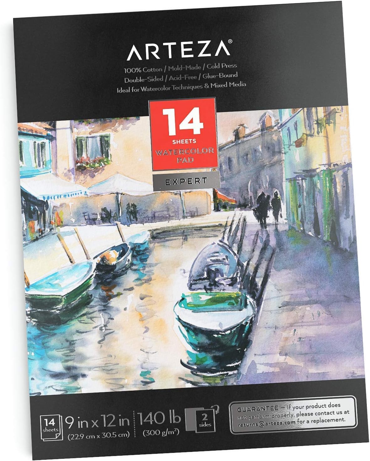 Arteza Watercolour Paper Pad, 14 Sheets, 300gsm Watercolour Paper, 22.9 x 30.5 cm, Double-Sided, 100% Cotton, Cold-Pressed, Art Supplies for Watercolour Techniques and Mixed Media