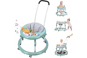 AIRLYA-LIFE Baby Walker, Foldable 9-Gear Height Adjustable Baby Walker with Wheels, Infant Toddler Walker with Music Disk, Anti-Fall Baby Walkers and Activity Center with Foot Pads for Boys and Girls 6-24 Months