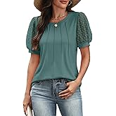 ATHMILE Womens Summer Tops Pleated Crew Neck T Shirts Swiss Dot Puff Sleeve Loose Casual Blouses Trendy Date Outfits