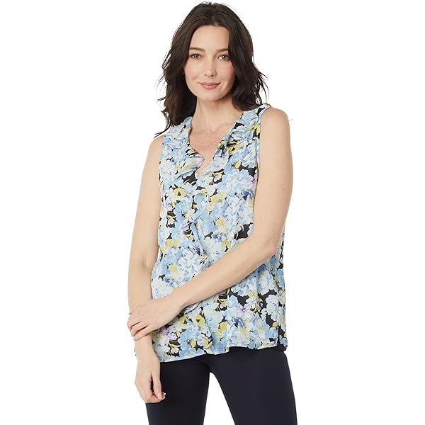 DKNY Sleeveless Ruffle Trim V-Neck Dark Topaz LG at Amazon