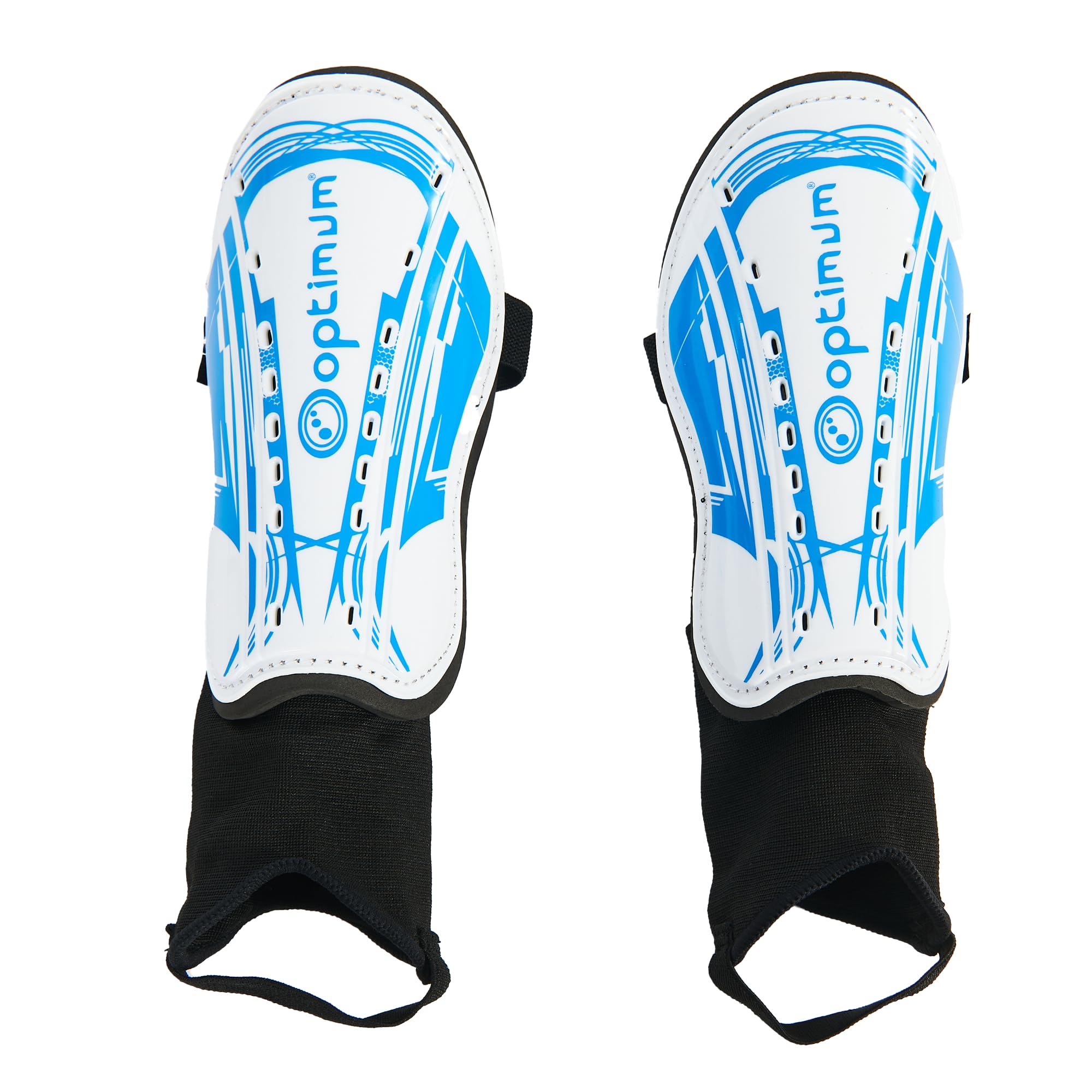 Optimum Velocidade Ankle Protect Shinguards - Strap Closure Hockey Shin Pads - Shin Protection Guard - Perfect Ankle Guard for Soccer, and Football - White/Blue, Large