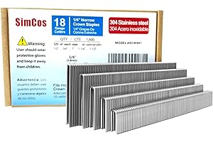 SimCos 18 Gauge 304 Stainless Steel 1/4" Narrow Crown Staples (1-1/2",1-1/4" 1", 3/4", 1/2"), Assorted 1600 Counts for 18 GA Pneumatic or Electric Stapler or Staple Gun,Project Pack