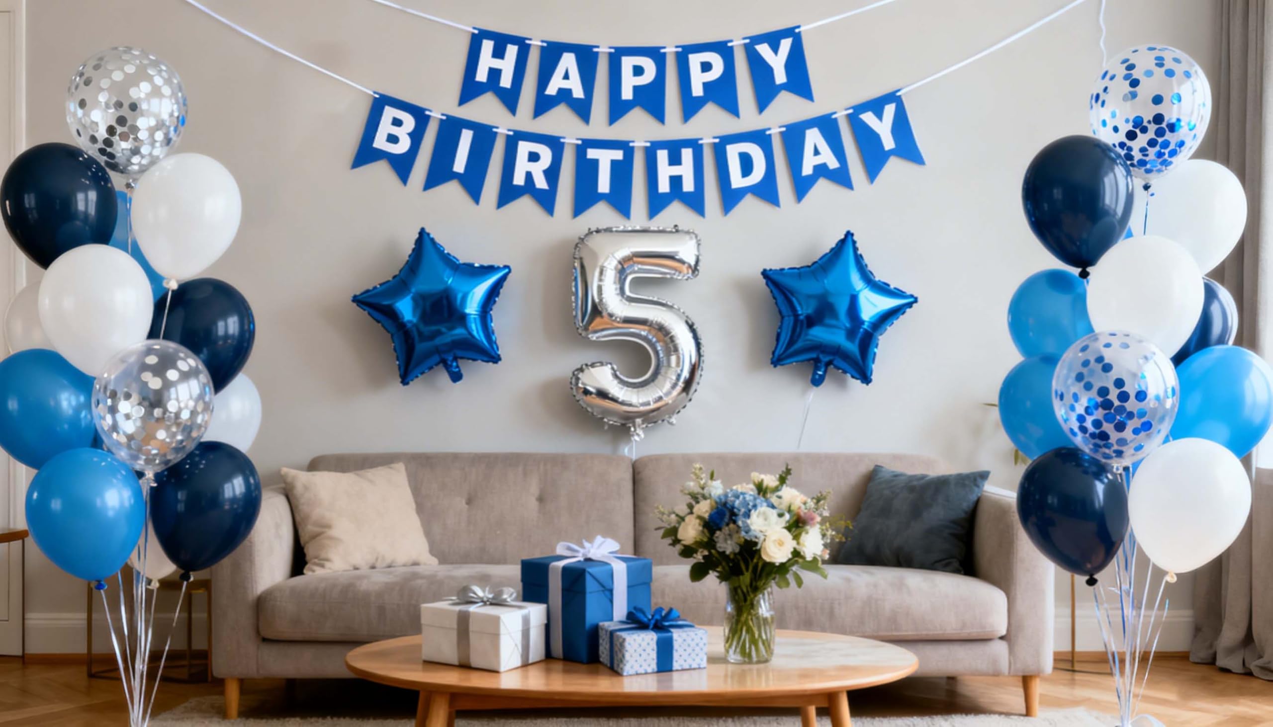 Photo 1 of 5th Birthday Decorations Blue for Boys, 5th Birthday Banner Balloon Blue Silver, Number 5 Birthday Star Foil Balloons Latex Confetti Balloons for Boys Him 5 Years Old Birthday Supplies (5th)