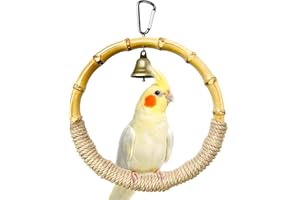 JEVND Natural Wood Bird Swing Toy for Parakeets, Sturdy Bird Perches for Cage Hemp Rope Swing, Parakeet Toys Climbing Chewing Perch Stand for Parrot, Budgies, Cockatiels, Conures (Bamboo, M)