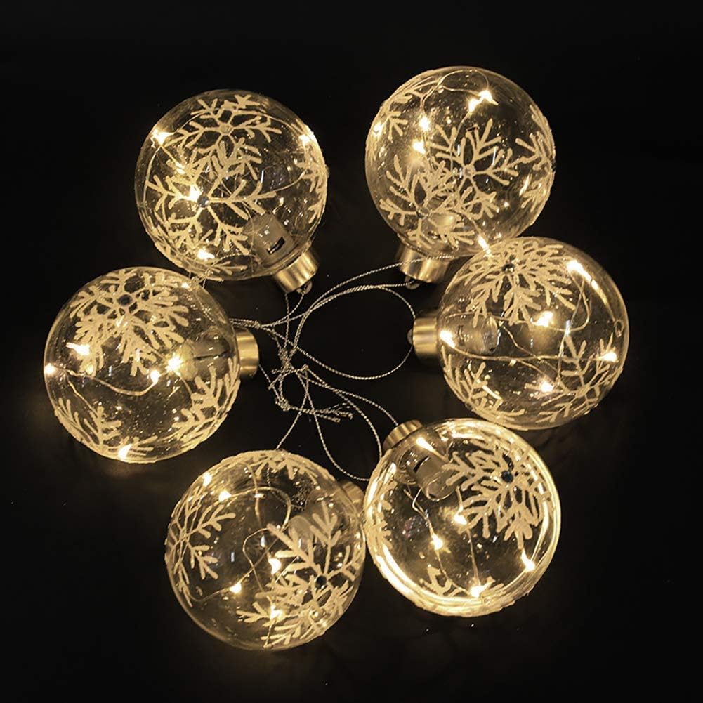 6 x Christmas Tree Baubles Balls Hanging Glass Baubles with Warm White