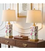 RORIA Set Of 2 Chinoiserie Ceramic Table Lamps – Blue & Beige Bird Pattern, Brass Accents, Linen Shades, Rotary Switch, 2 LED Bulbs Included