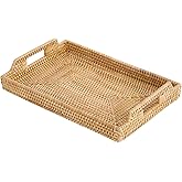 Rattan Rectangular Serving Tray with Handles, Hand-Woven Wicker Decorative Tray for Coffee Table,Vintage Boho Style Decor for Dining, Kitchen, Bathroom, Outdoor(17"x11.4"x1.9")