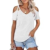 Minclouse Women's Summer Short Sleeves Tops Cold Shoulder V Neck Shirts Casual Strappy Tees