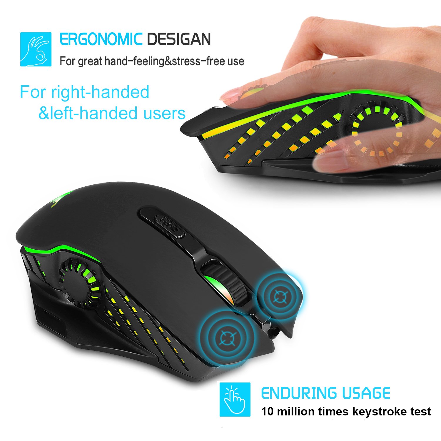 Wireless Wired Gaming Mouse,Dual-mode 2.4GHz Rechargeable Optical Mice with USB Receiver,6000 DPI 6 Adjustable DPI Levels,6 Color Breathing Lights for Laptop PC Mac Pro and Computer(Black)