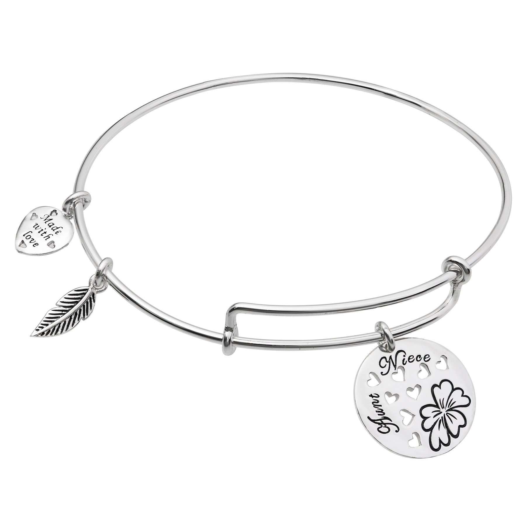 Qina C Sterling Silver Aunt Niece Heart Dangle Charm Expandable Bangle Bracelet