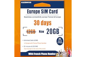 KAISNVXS Prepaid SIM Card for Europe Travel with 20GB of 4G Data, Unlimited Calls and SMS in Europe with France Phone Number, 30 mins and 200 SMS from Europe to Worldwide(Lasts for 30 Days),Tethering Allowed