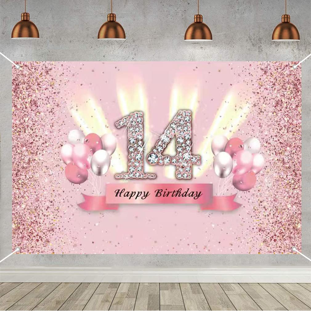 Photo 1 of 14th Birthday Decorations for Girls Happy 14th Birthday Backdrop Banner Party Deco Girl 14 Years Old Anniversary Part y Fabric Sign Poster Pink Photo Background P Arty Supplies, 59"x35.4"