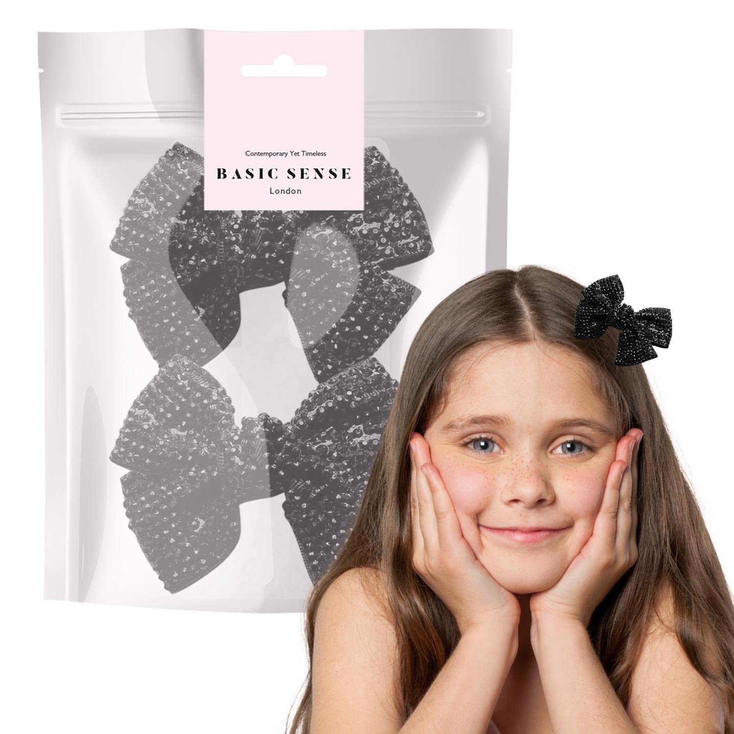 BasicSense 2 Pieces Rhinestone Bow Hair Clips Diamante Ribbon Crocodile Alligator for Girls, Black — image 1