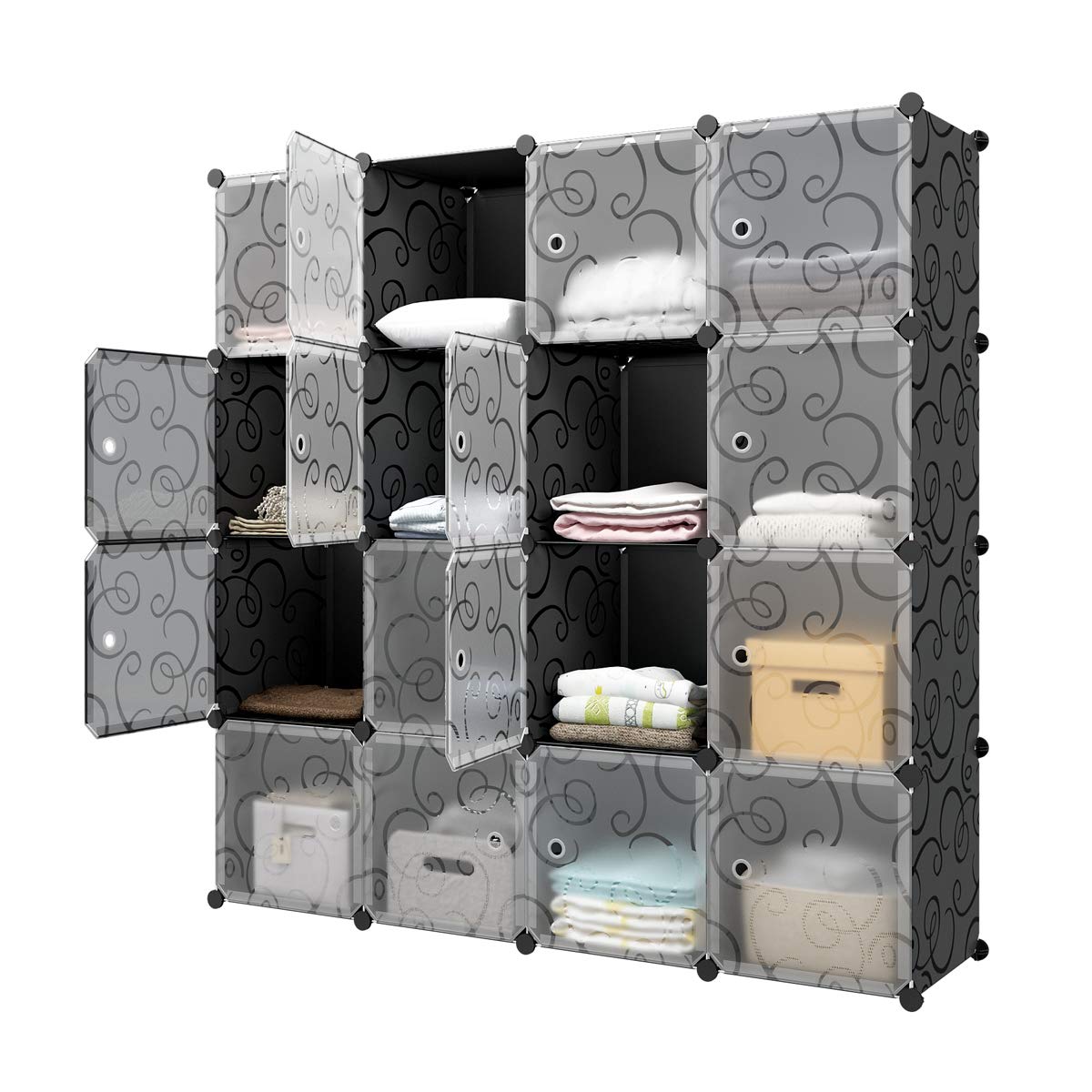 KOUSI Portable Cube Storage - 14"x14" Cube Cube Organizer Storage Organizer Clothes Storage Storage Shelves Furniture for Clothes Plastic Dresser Storage Cubes, Black (4x4 Cubes)
