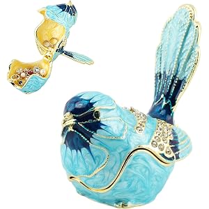 Enamel Blue Bird Trinket Box, Mini Jewelry Organizer with Hinged lid | Rhinestone, Collectible Animal Figurines for Necklace,