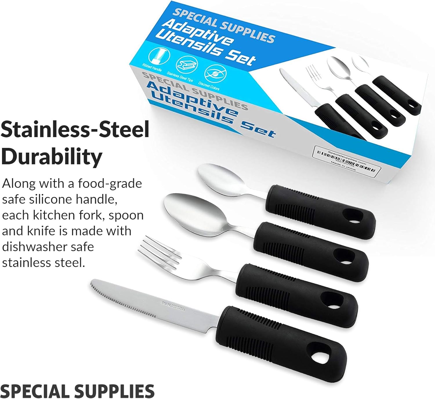 Adaptive Utensils (4-Piece Kitchen Set) Wide, Non-Weighted, Non-Slip Handles for Hand Tremors, Arthritis, Parkinson’s or Elderly use - Stainless Steel Knife, Fork, Spoons - Black: Health & Personal Care