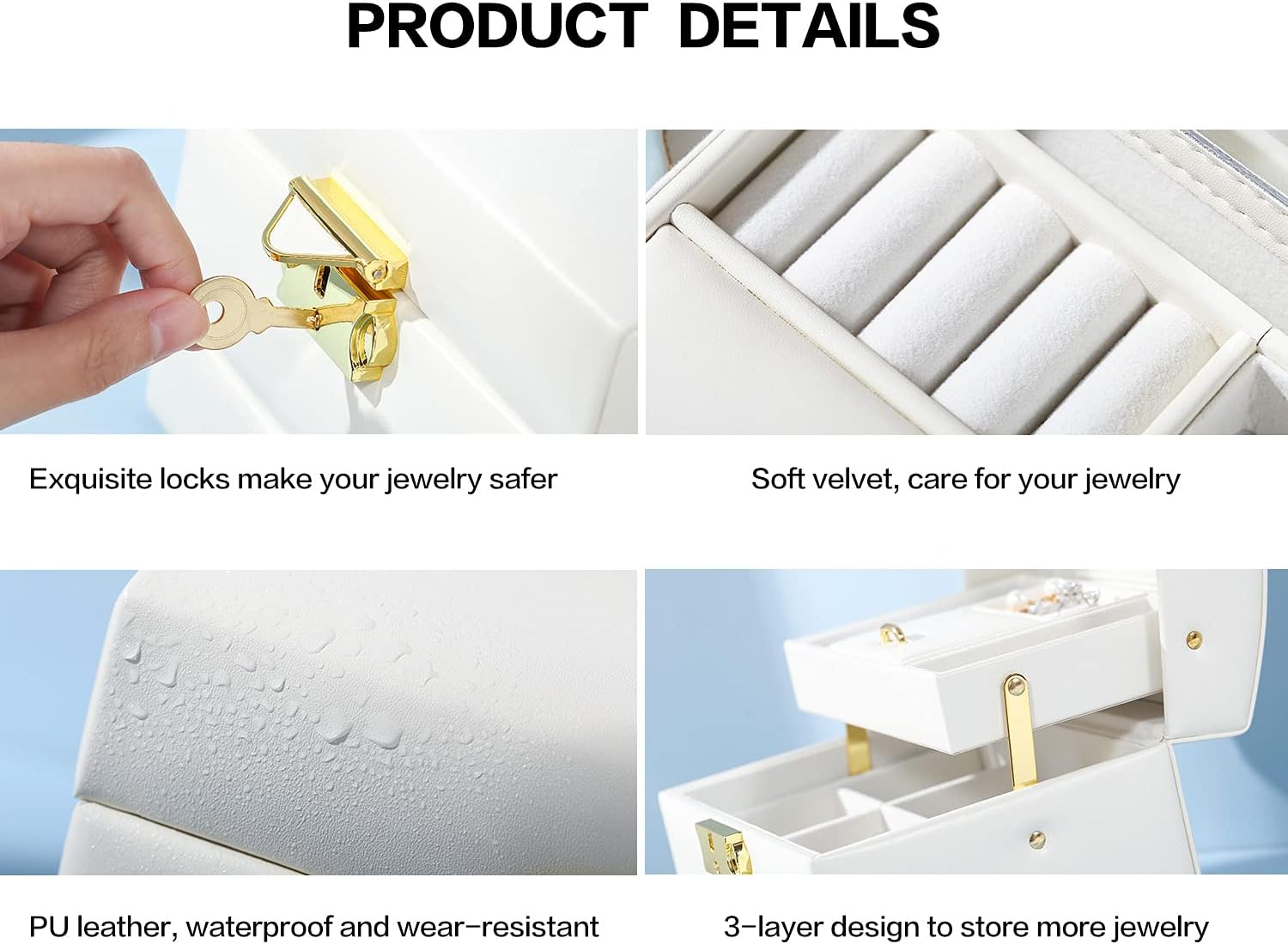 Women Jewelry Boxes, 3 Layer Jewelry Organizer Box with Lock,Jewelry Storage Case for Rings, Bracelets, Earrings, Necklaces, Velvet Lining, Gift, White: Home Improvement