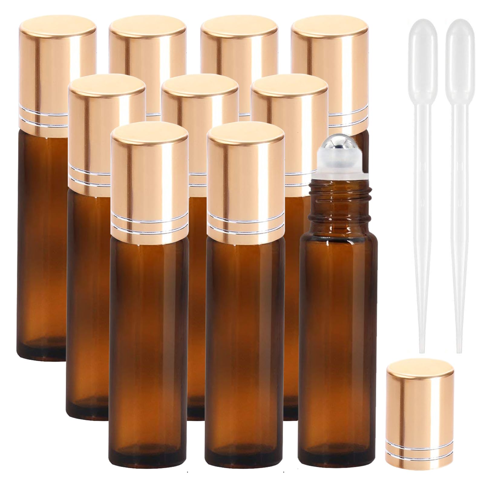 JamHooDirect 10Pcs, 10Ml Essential Oils Roll on Bottles Travel Refillable Amber Glass Roller Bottles with Stainless Steel Roller Balls, Perfect for Fragrance (Includes 1 Bottle Opener & 12Pcs Label)