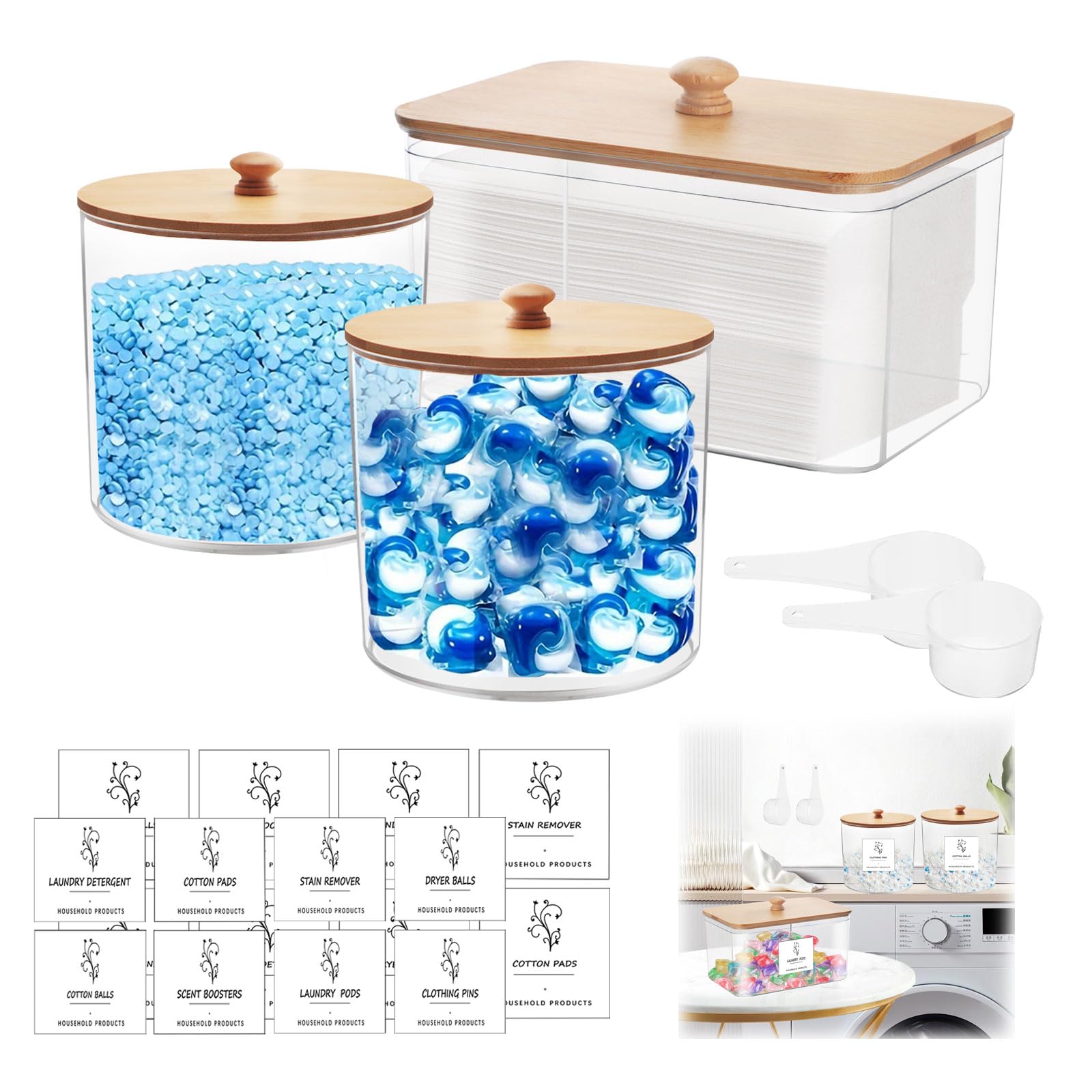 Set of 3 Clear Acrylic Laundry Pods Storage Containers with Bamboo Cover and Scoop, Washing Tablets Storage Box with Labels, Home Organisation