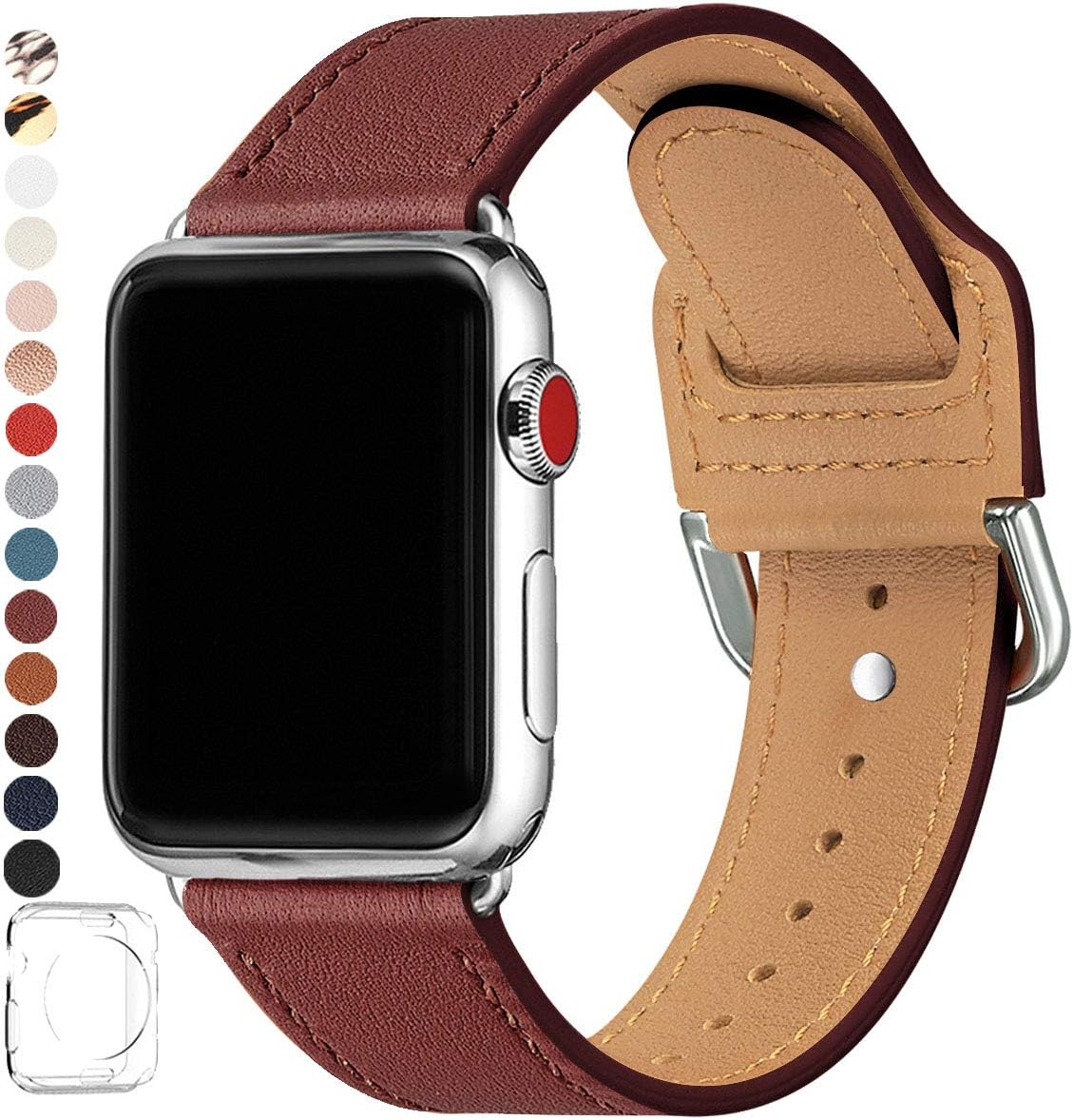 POWER PRIMACY Bands Compatible with Apple Watch Band 38mm 40mm 42mm 44mm, Top Grain Leather Smart Watch Strap Compatible for Men Women iWatch Series 5 4 3 2 1 (Wine red/Silver, 38mm 40mm)