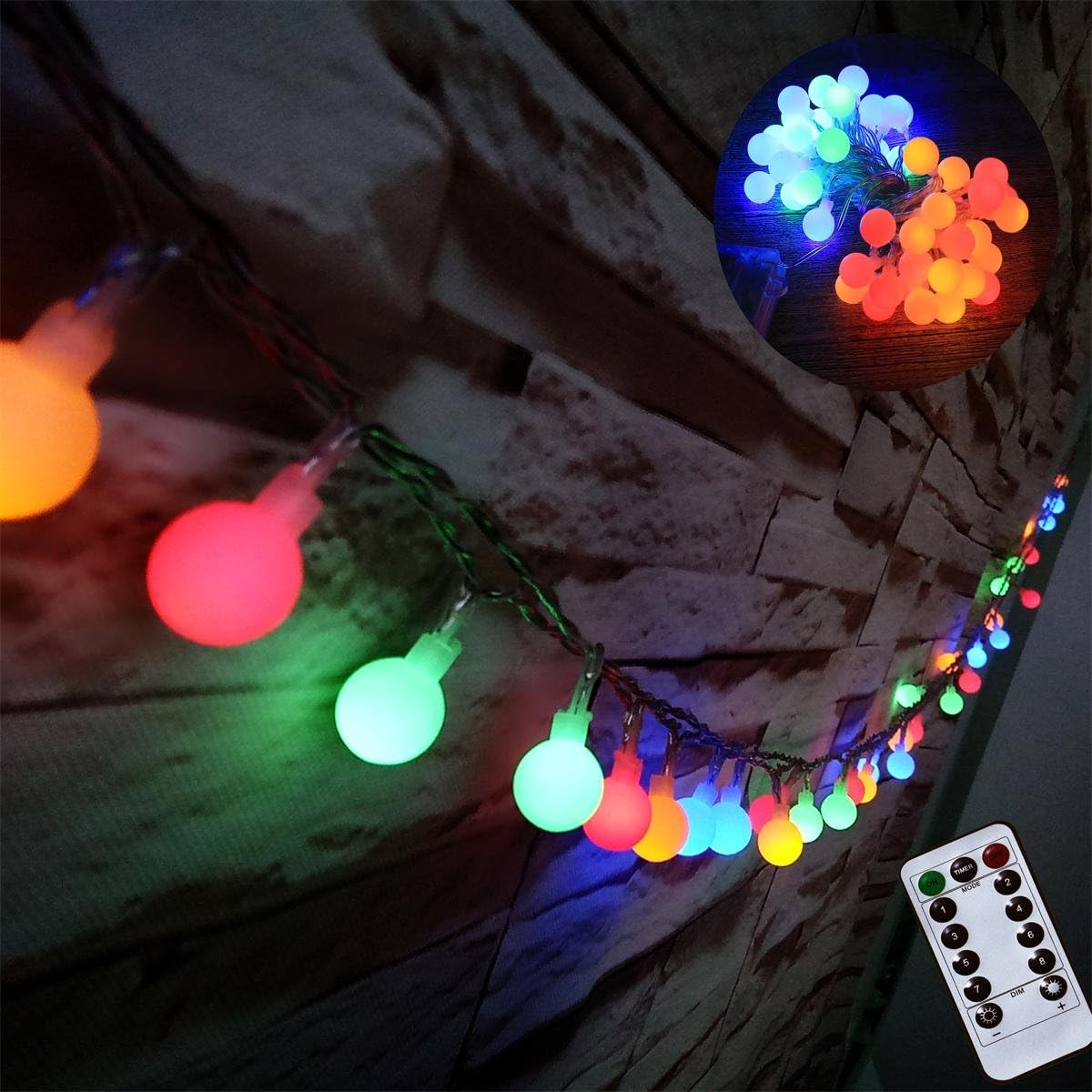 10M Globe Fairy Lights Battery Operated with Remote Timer Christmas Decorative String Lights for Garden, Party, Patio, Indoor, Outdoor, Room (Mixed Color, Dimmable)