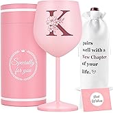 Lifecapido Personalized Gifts for Women, K Initial Gift Stainless Steel Custom Wine Glasses with Wine Bag and Card, Initial Birthday Christmas Monogrammed Gifts for Women
