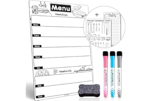 ALEZEL Magnetic Dry Erase Menu Board for Fridge, Weekly Meal Planner Whiteboard Set for Kitchen Refrigerator - includes Kitchen Conversion Chart Magnet & Grocery List, 3 Markers + Eraser