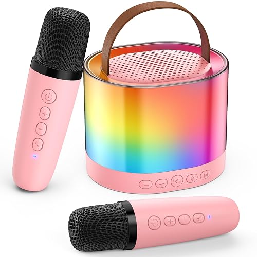 JYX Karaoke Machine for Kids Adults, Portable Bluetooth Speaker with 2 Microphones, Support TF/AUX Input/Funny Magic Voice, Great Gifts for Birthday Party Boys Girls (Rose-2 Mics)