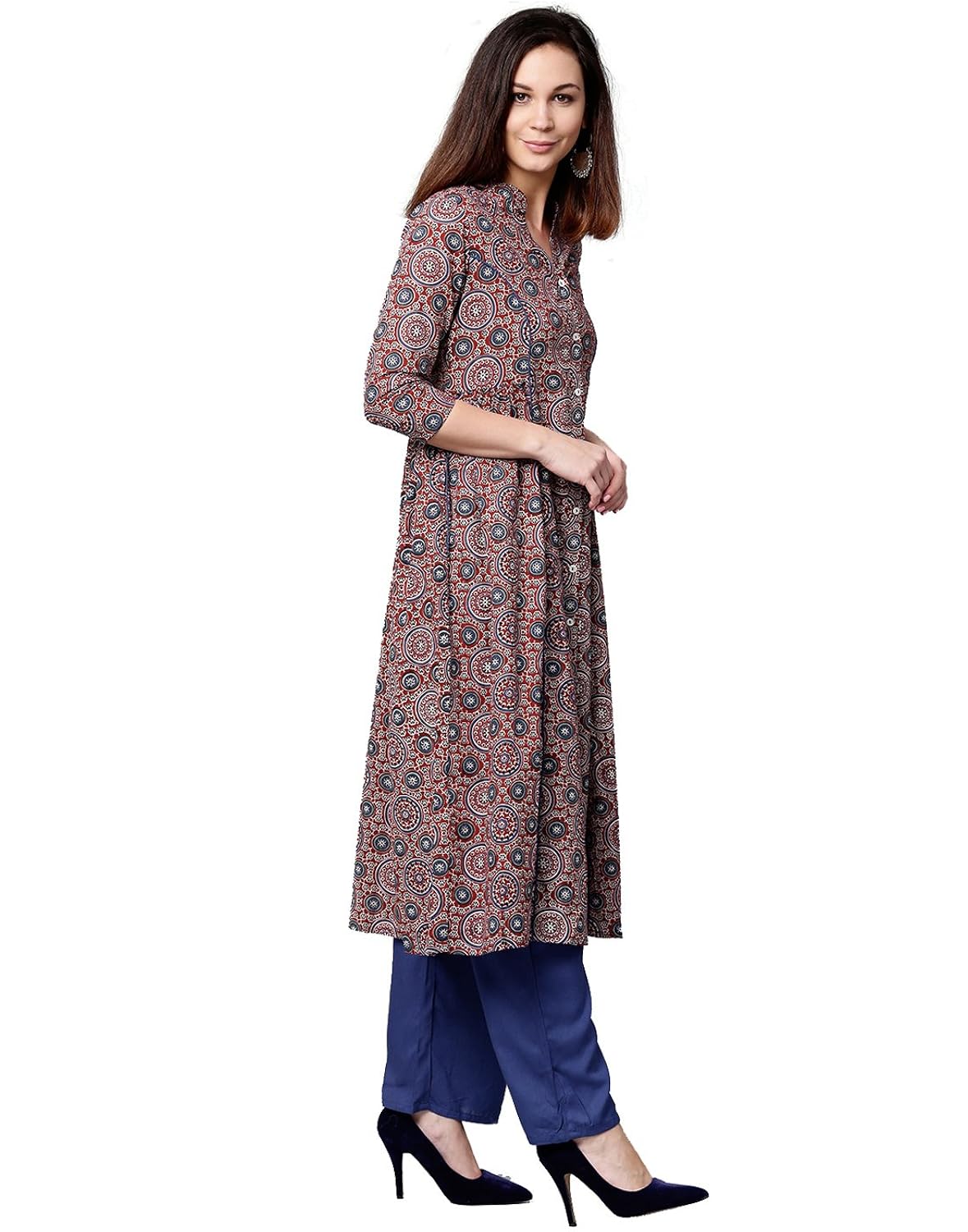 jaipur kurti women maroon & blue geometric straight cotton kurta with palazzo