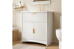 AMADA HOMEFURNISHING Amada 30″ Bathroom Vanity with Ceramic Sink, Modern Undermount Vanity Sink Cabinet with 2 Doors and 1 Drawer, Fluted Free Standing Bathroom Storage Cabinet with Sink Combo Set, White