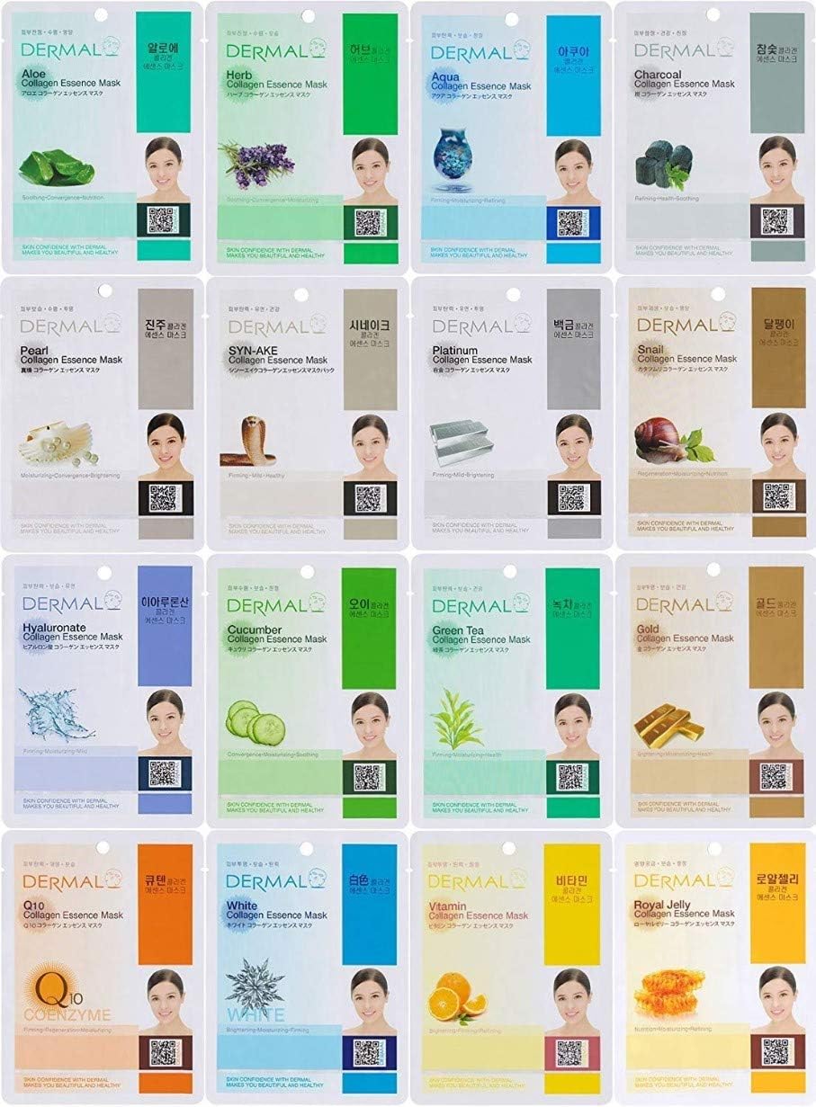 Dermal Korea Collagen Essence Full Face Facial Mask Sheets (16 Count (Pack of 2), Set A 16 Colors)