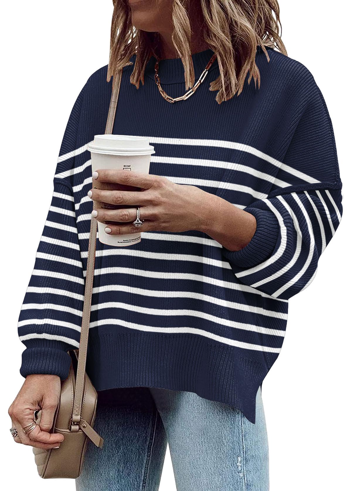 Openwork Round Neck Long Sleeve Slit Oversized Fashion Sweater