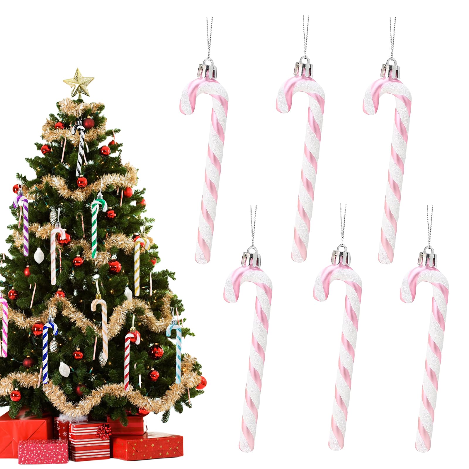 13cm Baby Pink White Christmas Candy Cane Decoration - 6pcs Glitter Xmas Tree Pendant Hanging Ornaments - Plastic for Holiday New Year Party Decor