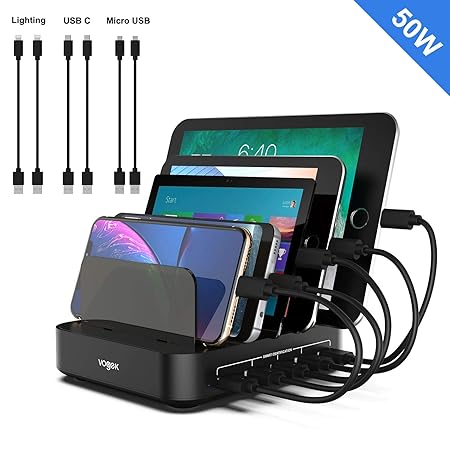 VOGEK Multi USB Ladestation, 5 Ports 50W Handy Ladestation Smart Ladestation Dock & Organizer für mehrere Geräte Handy Tablet