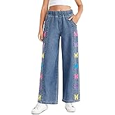 Haloumoning Girls Butterfly Print Jeans Kids Elastic Waist Wide Leg Denim Baggy Pants with Pockets 5-14Y