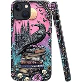 DAIZAG Case Compatible with iPhone 14,Glossy Durable Shock Protection Cover for Girl Women,Black Raven Bird Book Rose Skulls