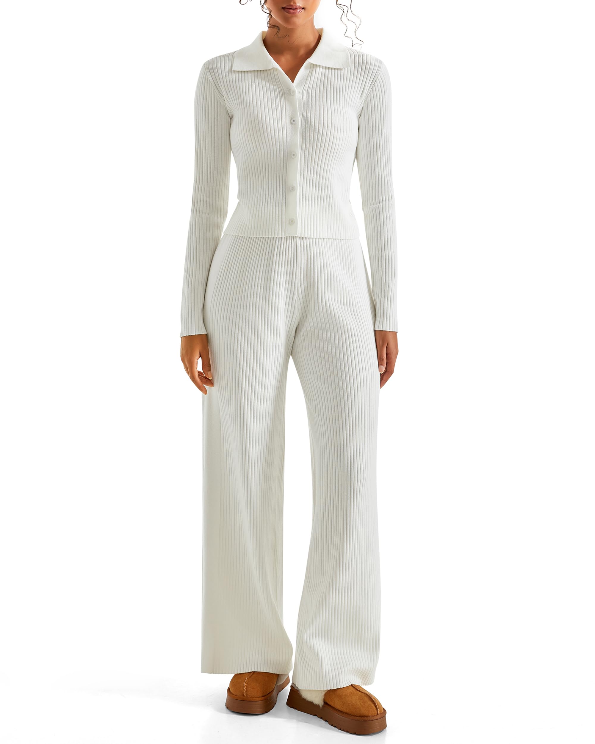 Photo 1 of SUUKSESS Women Knit Long Sleeve Lounge Sets Ribbed Button Down Matching Comfy Two Piece Sets (White,Large)